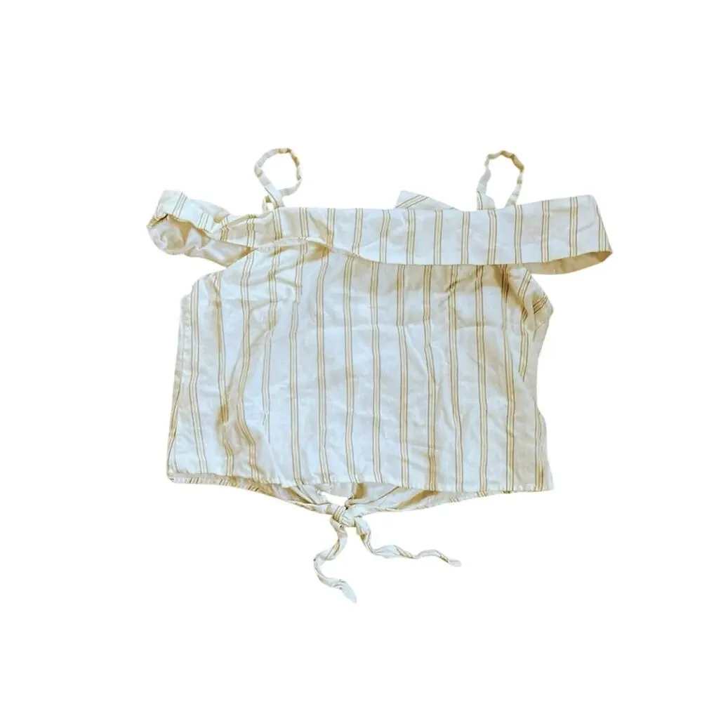 J.O.A. Striped Coastal Linen Blend Off Shoulder Crop Top | Women’s L